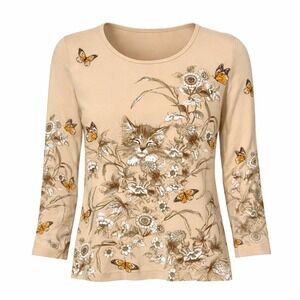 Vtg‎ Morning Sun Whimsical Cat Butterfly Top Womens Sz M Naturecore Cottagecore